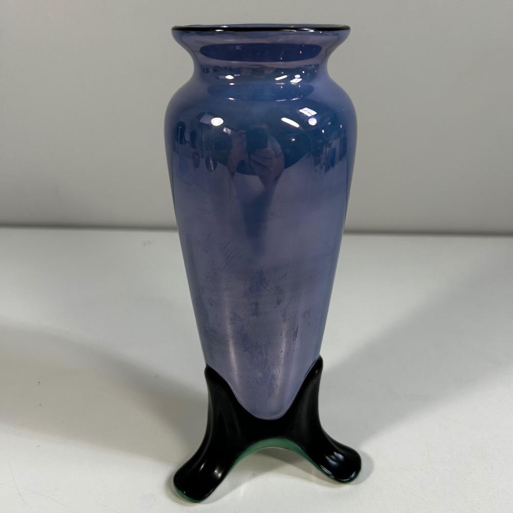Vintage Noritake Lavender Luster Porcelain Vase Black Tripod Base Hand Painted - Picture 5 of 11